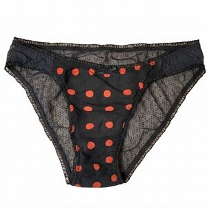 Vtg Y2K Victorias Secret blk mesh red polka dot ruffle sheer panties XL NWOT